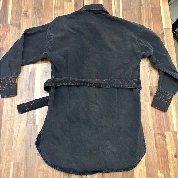 Sz XS Black Denim Long Sleeve Collar Short Dress Orange Paint Belt with Pocket - Picture 10 of 10